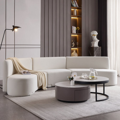 HMR - 120" Modern White Curved Sectional Floor Sofa Velvet Upholstery for Living Room