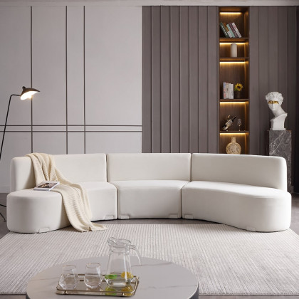 HMR - 120" Modern White Curved Sectional Floor Sofa Velvet Upholstery for Living Room