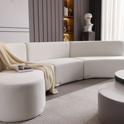 HMR - 120" Modern White Curved Sectional Floor Sofa Velvet Upholstery for Living Room