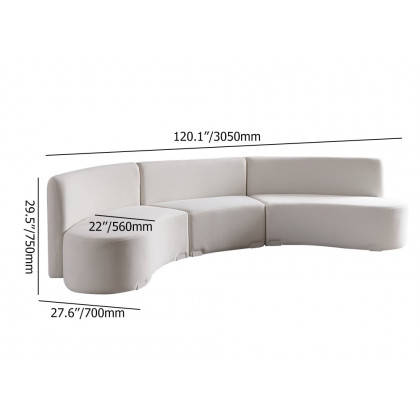 HMR - 120" Modern White Curved Sectional Floor Sofa Velvet Upholstery for Living Room