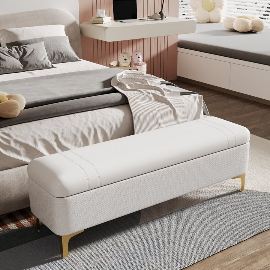 HMR - Modern White PU Leather Bedroom Flip Top Storage Bench with Gold Stainless Steel Legs