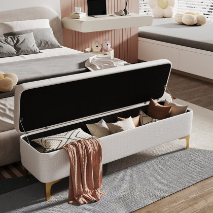 HMR - Modern White PU Leather Bedroom Flip Top Storage Bench with Gold Stainless Steel Legs