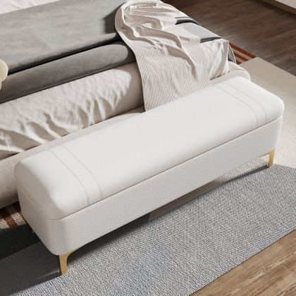 HMR - Modern White PU Leather Bedroom Flip Top Storage Bench with Gold Stainless Steel Legs