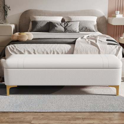 HMR - Modern White PU Leather Bedroom Flip Top Storage Bench with Gold Stainless Steel Legs
