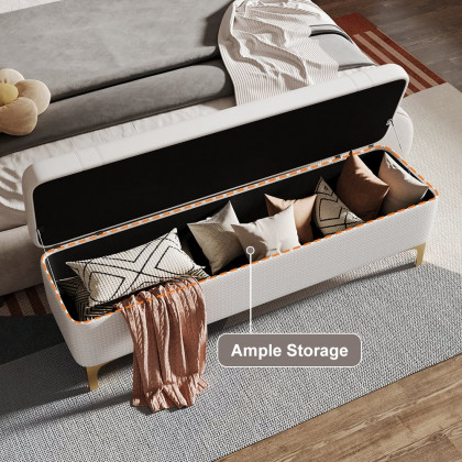 HMR - Modern White PU Leather Bedroom Flip Top Storage Bench with Gold Stainless Steel Legs