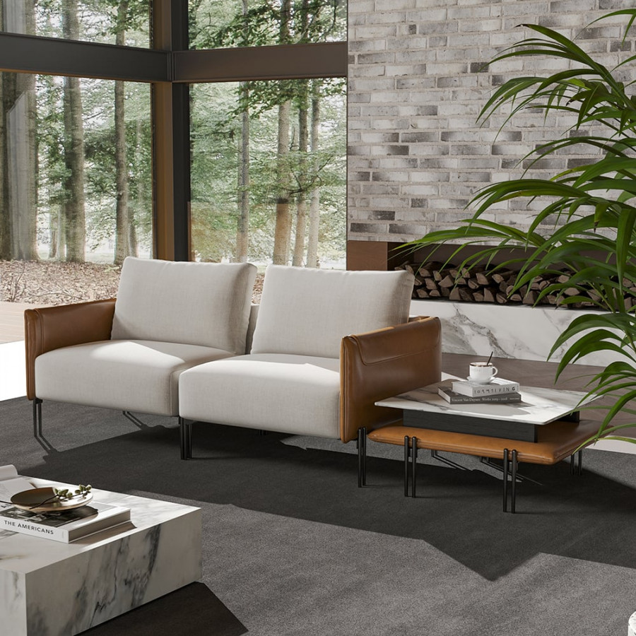 HMR - 95.3" Linen Modular Upholstered 2-Seater Sofa with Coffee Table Stainless Steel Frame