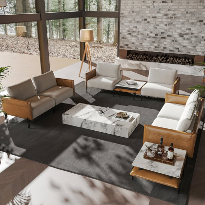 HMR - 95.3" Linen Modular Upholstered 2-Seater Sofa with Coffee Table Stainless Steel Frame