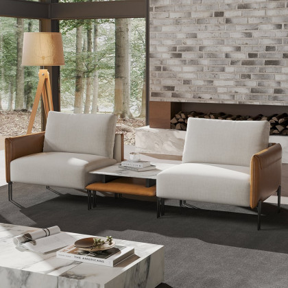 HMR - 95.3" Linen Modular Upholstered 2-Seater Sofa with Coffee Table Stainless Steel Frame