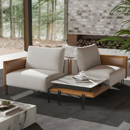 HMR - 95.3" Linen Modular Upholstered 2-Seater Sofa with Coffee Table Stainless Steel Frame