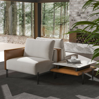 HMR - 95.3" Linen Modular Upholstered 2-Seater Sofa with Coffee Table Stainless Steel Frame