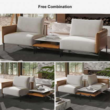HMR - 95.3" Linen Modular Upholstered 2-Seater Sofa with Coffee Table Stainless Steel Frame