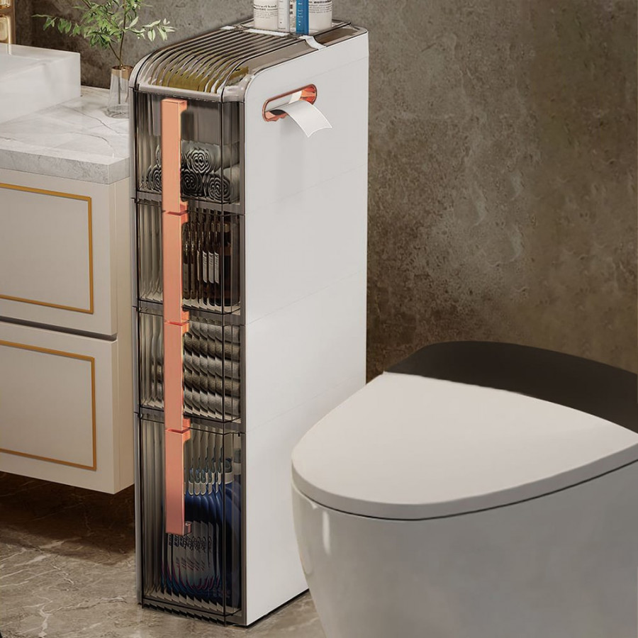 HMR - Modern White & Rose Gold Slim Bathroom Storage Cabinet Freestanding Toilet Paper Holder