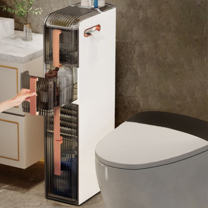 HMR - Modern White & Rose Gold Slim Bathroom Storage Cabinet Freestanding Toilet Paper Holder