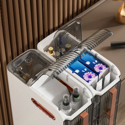 HMR - Modern White & Rose Gold Slim Bathroom Storage Cabinet Freestanding Toilet Paper Holder
