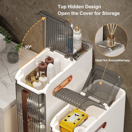 HMR - Modern White & Rose Gold Slim Bathroom Storage Cabinet Freestanding Toilet Paper Holder