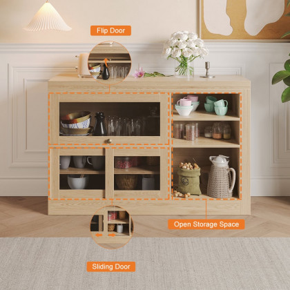 HMR Farmhouse Extendable Wood Sideboards and Cabinets with Ample Storage - Natural