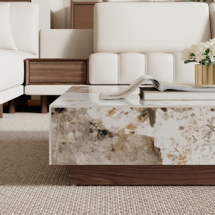 HMR 39" Square Sintered Stone Block Coffee Table With Wood Base - Off-White