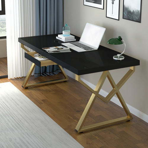 HMR Modern Rectangular 47" Writing Desk with Base & Drawer - Black