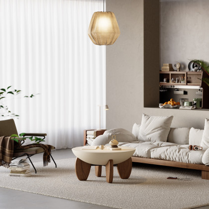 HMR Curva Round Concrete Coffee Table with Wood Legs - Beige, 29.9"W x 29.9"D x 14.4"H