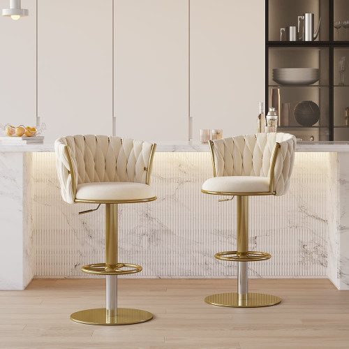 HMR Set of 2 Modern Adjustable Swivel Bar Stools or Counter Stools with Upholstery - Off-White