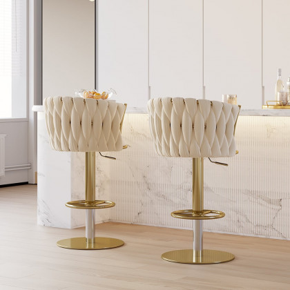 HMR Set of 2 Modern Adjustable Swivel Bar Stools or Counter Stools with Upholstery - Off-White