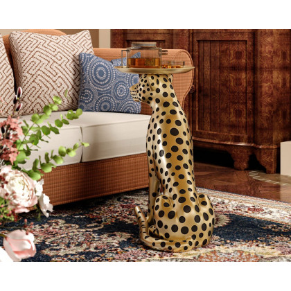 HMR Panther Figurine Resin Art Deco Side Table with Tray Top - Gold