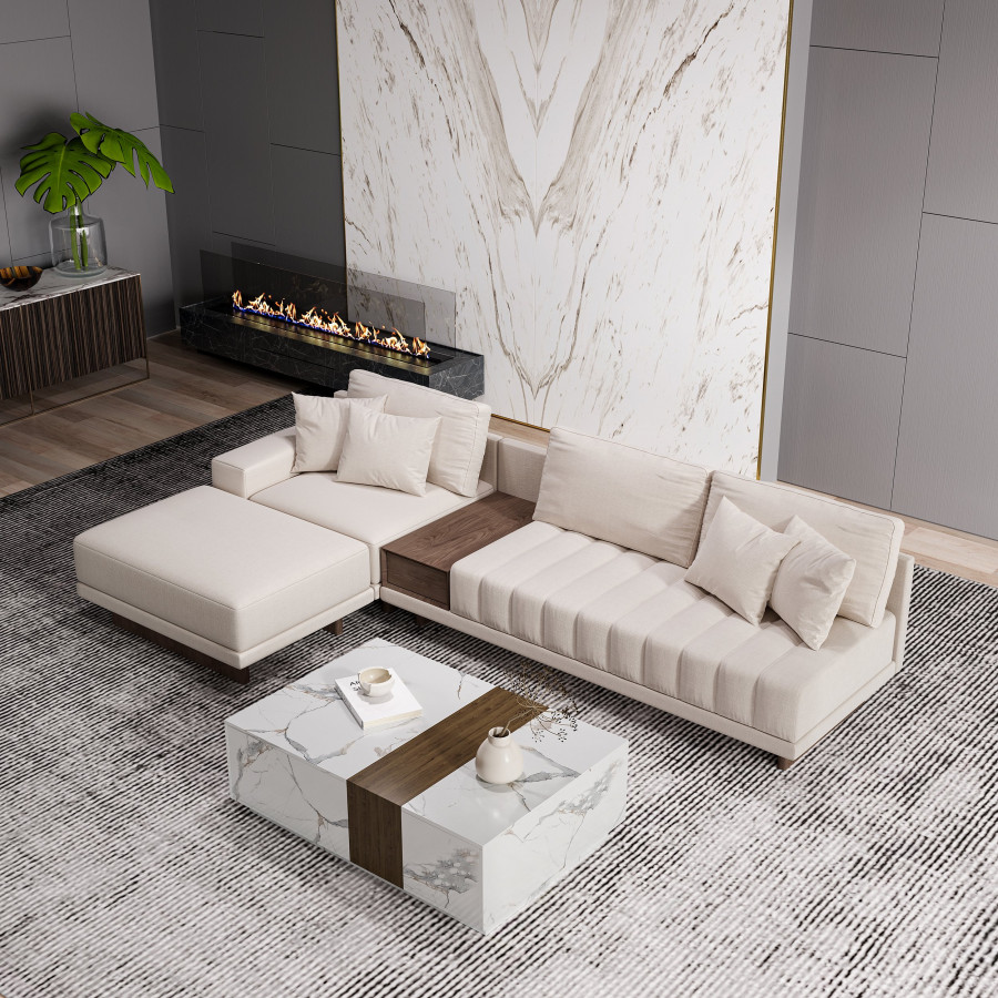 HMR L-Shaped Modular Sectional Sofa & Square Sintered Stone Block Coffee Table - White, Cotton & Linen, Style B