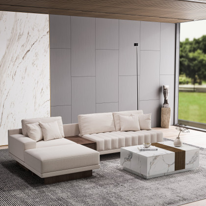 HMR L-Shaped Modular Sectional Sofa & Square Sintered Stone Block Coffee Table - White, Cotton & Linen, Style B