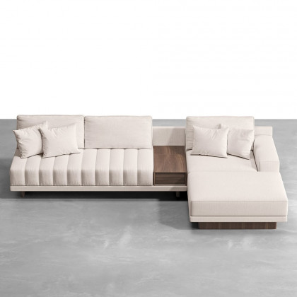 HMR L-Shaped Modular Sectional Sofa & Square Sintered Stone Block Coffee Table - White, Cotton & Linen, Style B