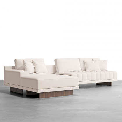 HMR L-Shaped Modular Sectional Sofa & Square Sintered Stone Block Coffee Table - White, Cotton & Linen, Style B