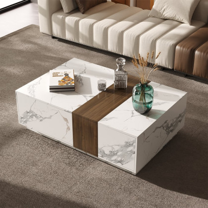 HMR L-Shaped Modular Sectional Sofa & Square Sintered Stone Block Coffee Table - White, Cotton & Linen, Style B
