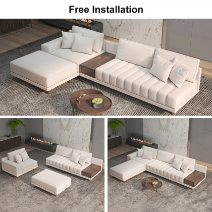 HMR L-Shaped Modular Sectional Sofa & Square Sintered Stone Block Coffee Table - White, Cotton & Linen, Style B