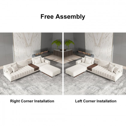 HMR L-Shaped Modular Sectional Sofa & Square Sintered Stone Block Coffee Table - White, Cotton & Linen, Style B