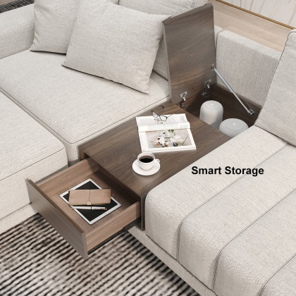HMR L-Shaped Modular Sectional Sofa & Square Sintered Stone Block Coffee Table - White, Cotton & Linen, Style B