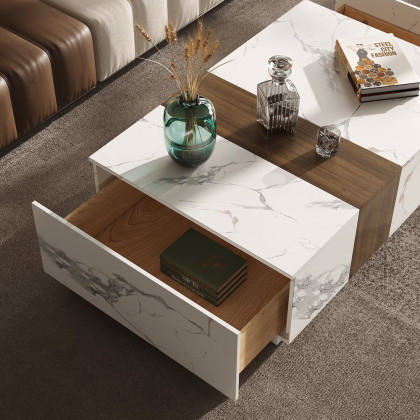 HMR L-Shaped Modular Sectional Sofa & Square Sintered Stone Block Coffee Table - White, Cotton & Linen, Style B