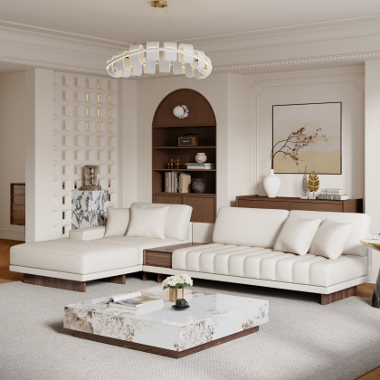 HMR L-Shaped Modular Sectional Sofa & Square Sintered Stone Block Coffee Table - White, Microfiber Leather, Style D