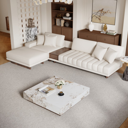 HMR L-Shaped Modular Sectional Sofa & Square Sintered Stone Block Coffee Table - White, Microfiber Leather, Style D