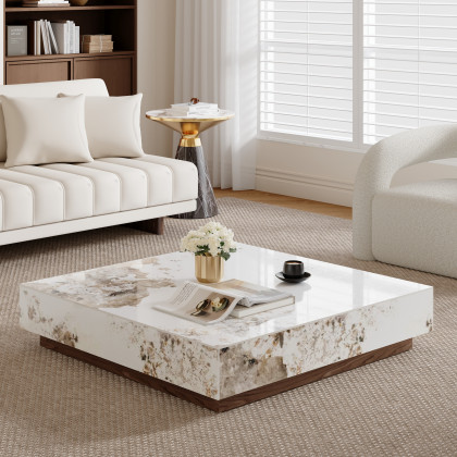 HMR L-Shaped Modular Sectional Sofa & Square Sintered Stone Block Coffee Table - White, Microfiber Leather, Style D