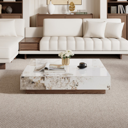 HMR L-Shaped Modular Sectional Sofa & Square Sintered Stone Block Coffee Table - White, Microfiber Leather, Style D