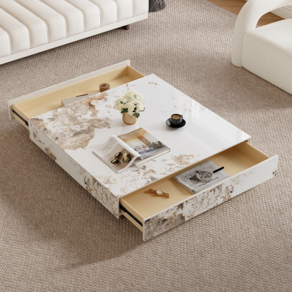 HMR L-Shaped Modular Sectional Sofa & Square Sintered Stone Block Coffee Table - White, Microfiber Leather, Style D