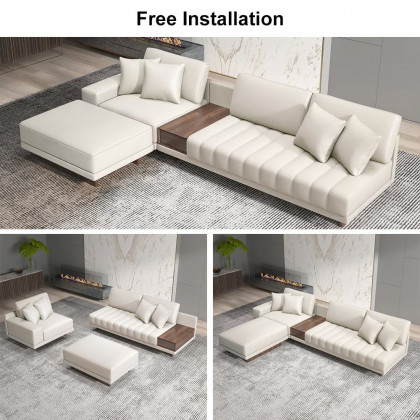 HMR L-Shaped Modular Sectional Sofa & Square Sintered Stone Block Coffee Table - White, Microfiber Leather, Style D