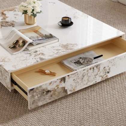 HMR L-Shaped Modular Sectional Sofa & Square Sintered Stone Block Coffee Table - White, Microfiber Leather, Style D