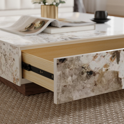 HMR L-Shaped Modular Sectional Sofa & Square Sintered Stone Block Coffee Table - White, Microfiber Leather, Style D