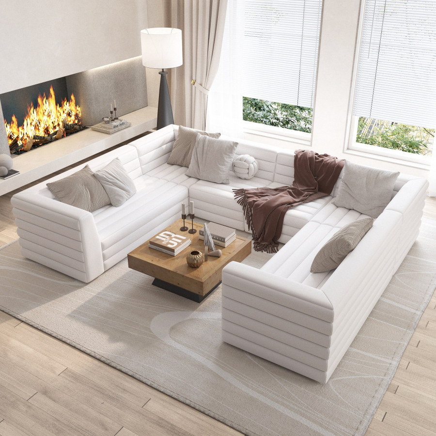 HMR 126" U-Shaped Modern Modular Sectional Sofa for 8 Seaters - White, Microfiber Leather