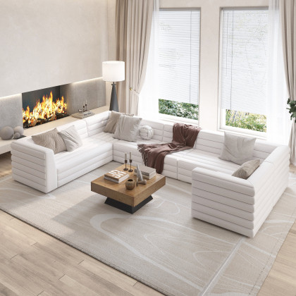 HMR 126" U-Shaped Modern Modular Sectional Sofa for 8 Seaters - White, Microfiber Leather