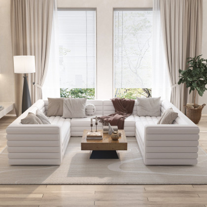 HMR 126" U-Shaped Modern Modular Sectional Sofa for 8 Seaters - White, Microfiber Leather