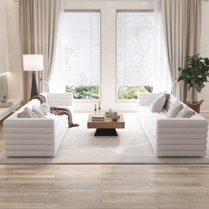 HMR 126" U-Shaped Modern Modular Sectional Sofa for 8 Seaters - White, Microfiber Leather