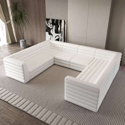 HMR 126" U-Shaped Modern Modular Sectional Sofa for 8 Seaters - White, Microfiber Leather