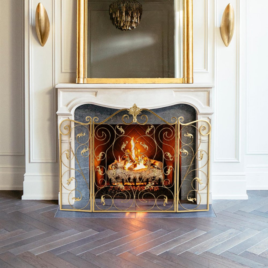 HMR - Retro Gold 3-Panel Foldable Scroll Fireplace Screen with Acanthus Leaf Metal