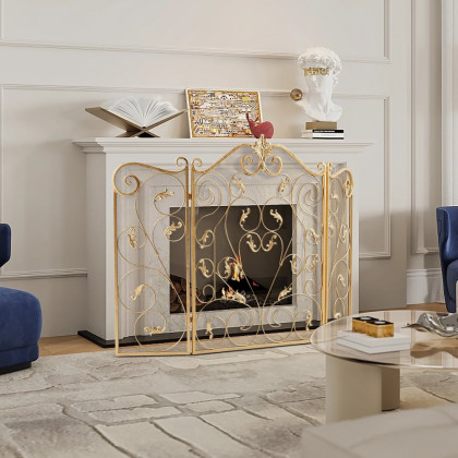 HMR - Retro Gold 3-Panel Foldable Scroll Fireplace Screen with Acanthus Leaf Metal